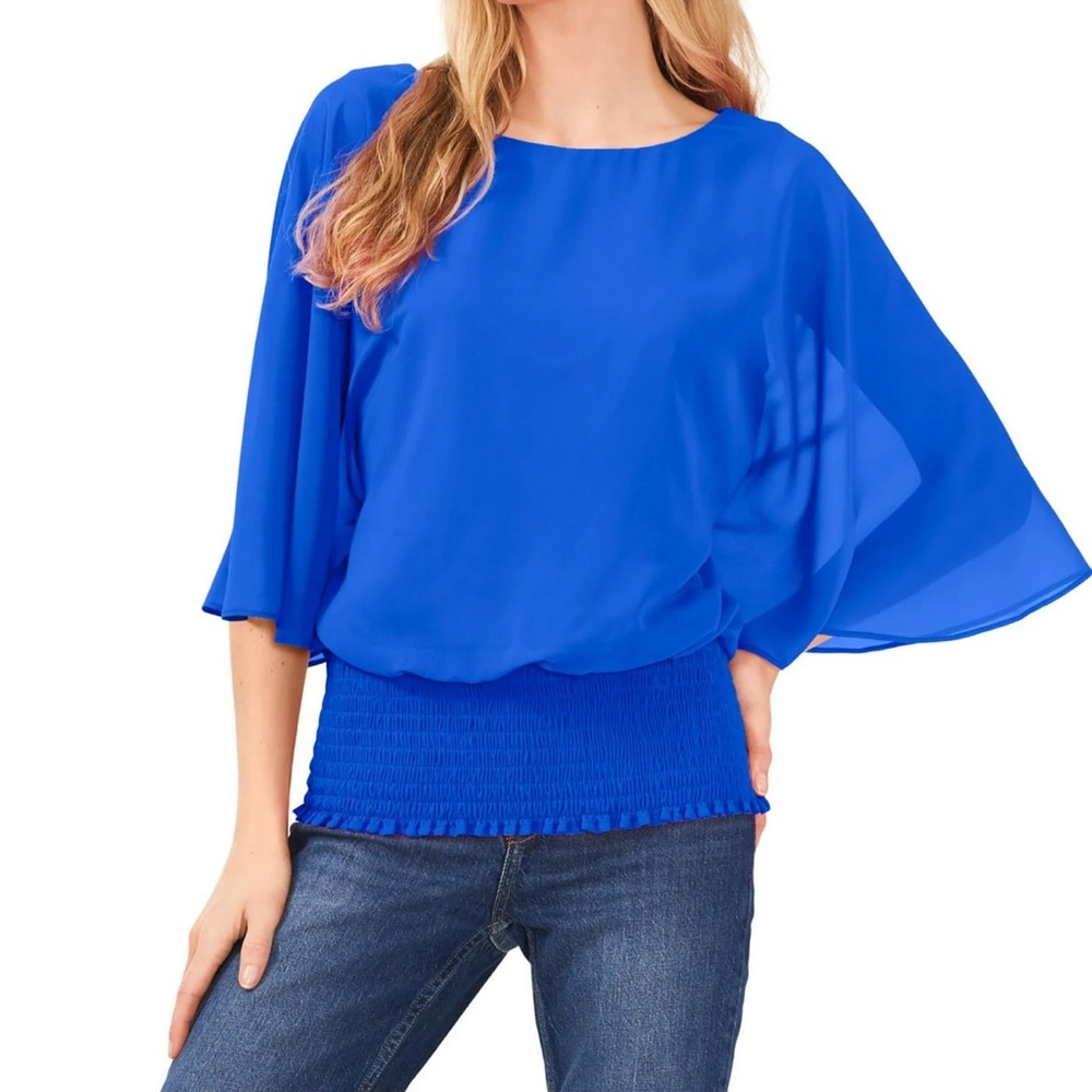 Sam & Jess Womens Butterfly Sleeve Smocked Waist Blouse Eglow Blue S